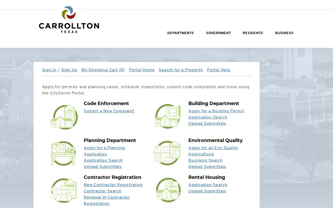 Carrollton street directory CityServe property and permit menu