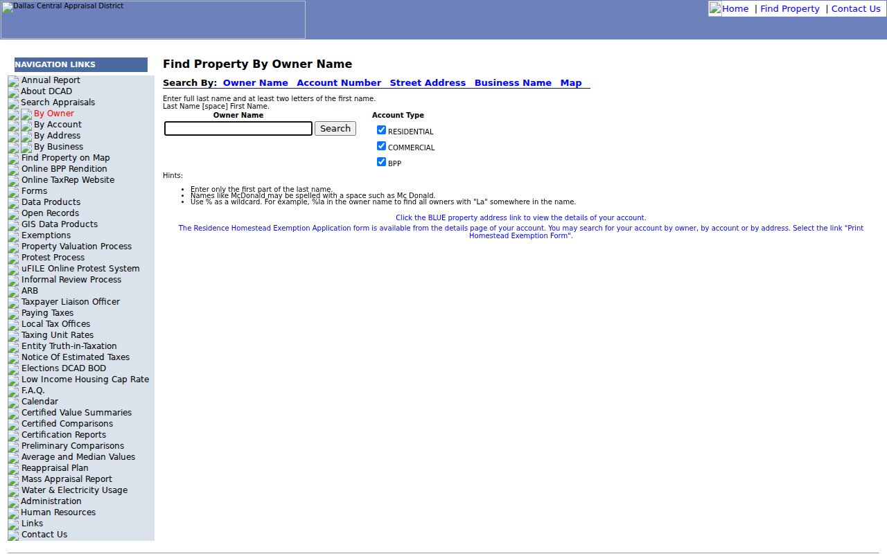 Carrollton street directory Dallas CAD owner search