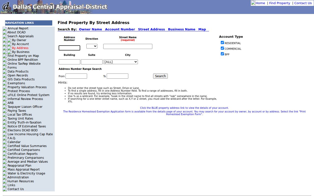 Carrollton street directory Dallas CAD street address property search